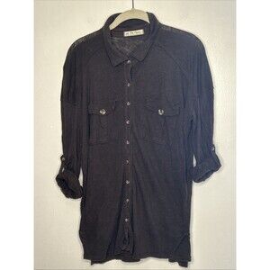 Free People 'One of the Guys' Shirt Button Front Linen Blend Brown Pockets LS